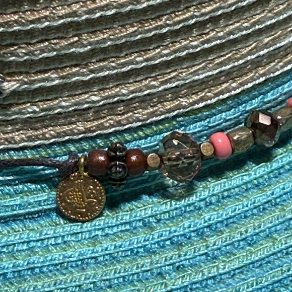 NWOT Kallina Wide Brim Sun Hat Blue Tan Beaded Butterfly Charm Sun Protection - Picture 11 of 13